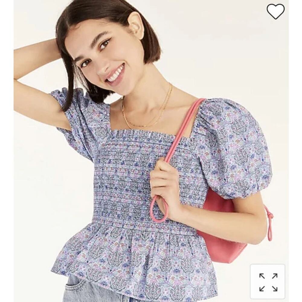 J. Crew Liberty Club Nouveau Fabric Smocked Square Neck Blouse Top Purple Blue M